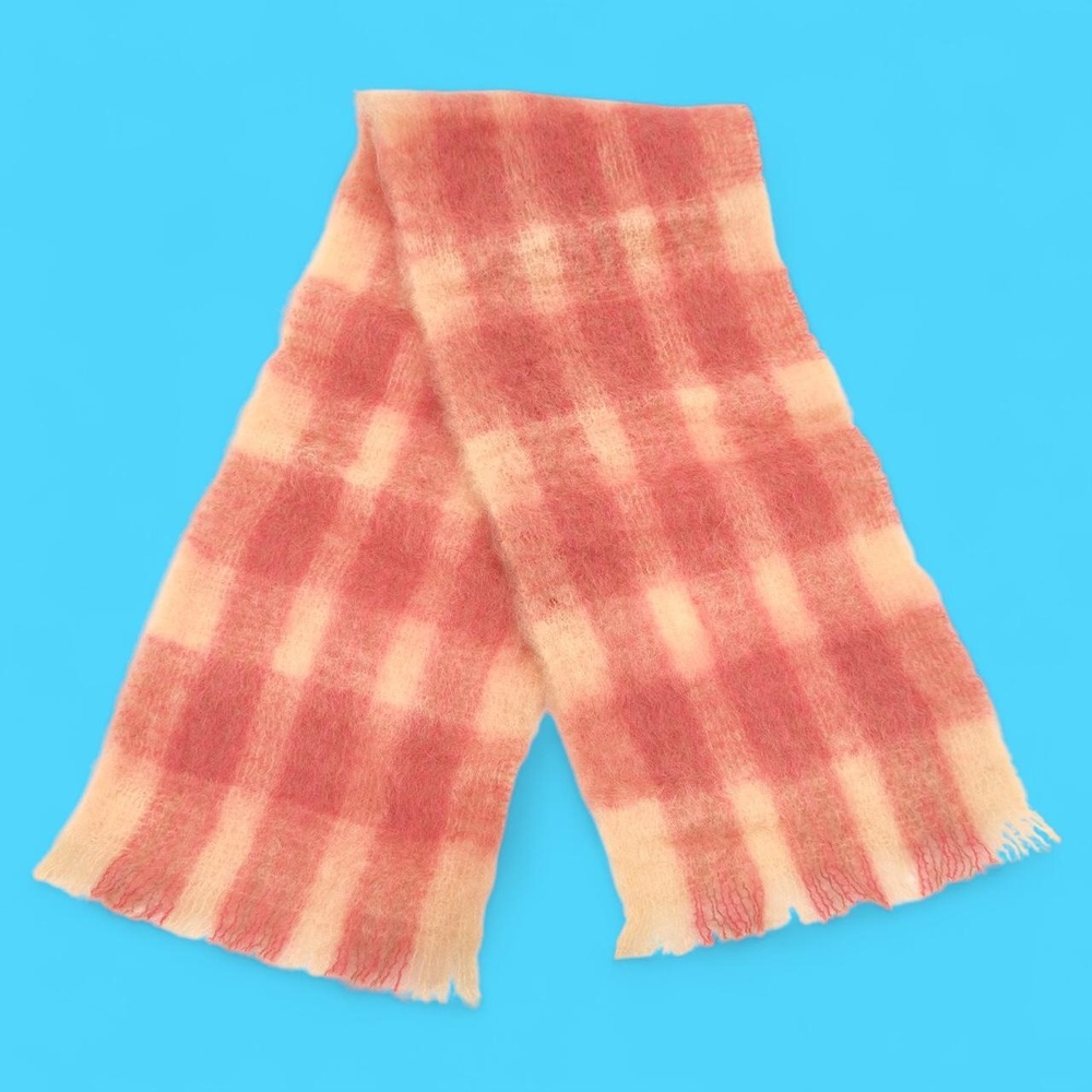60s fuzzy pink & cream plaid mohair & wool scarf.  41”x 9” made in Scotland.